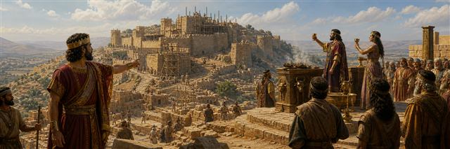 Omri building fortified Samaria while Ahab and Jezebel stand at a Baal altar